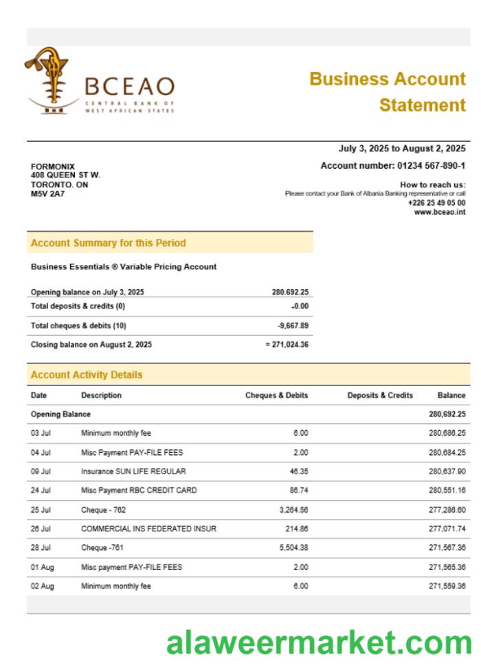 The Central Bank of West African States organization checking account statement Word and PDF format